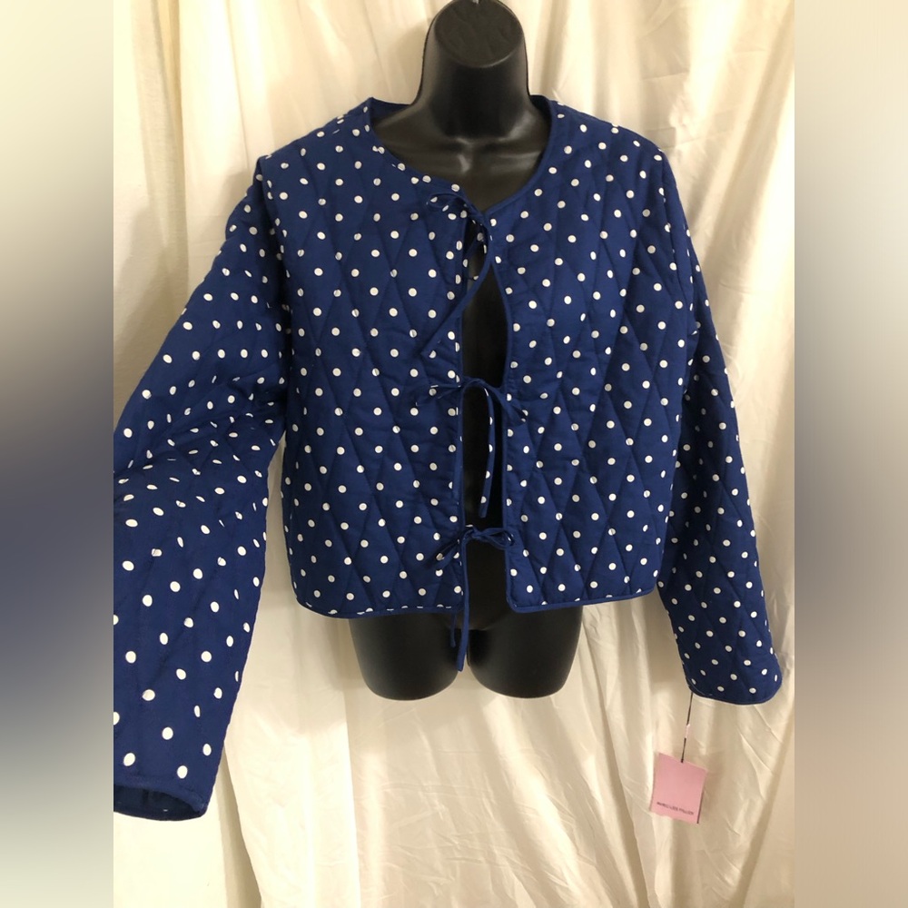 Avec Les Filles navy & white polka quilted tie front jacket size large brand new